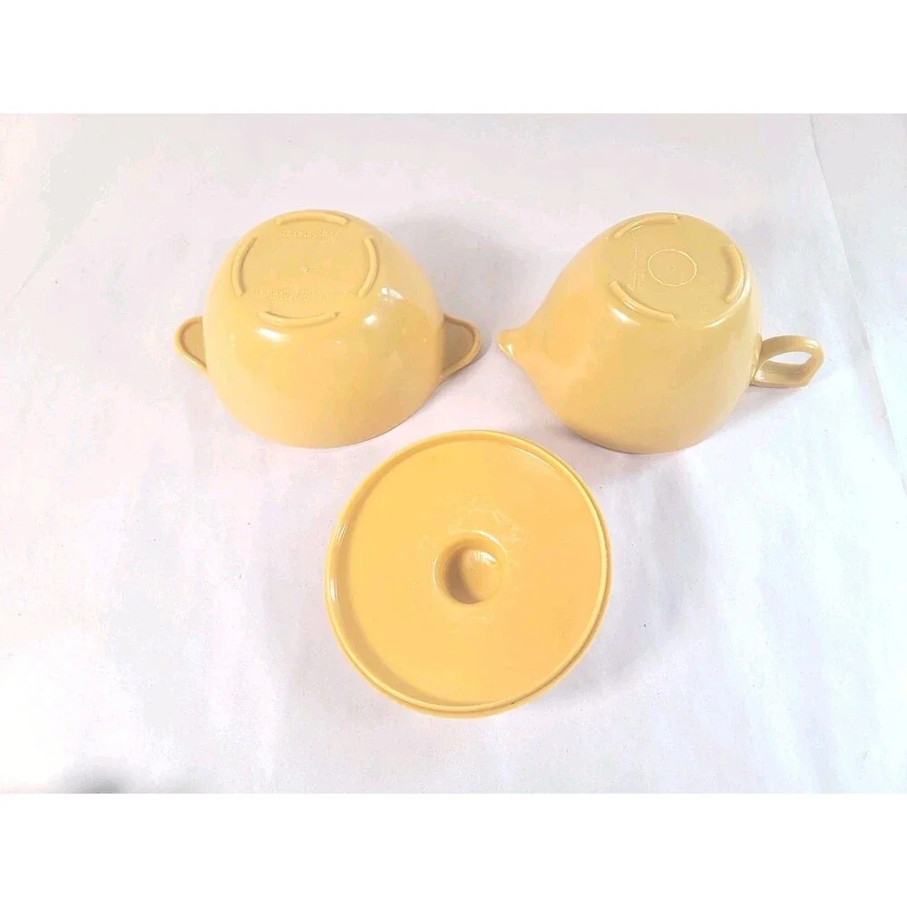 3 Piece Vintage Lustroware Mustard Yellow Sugar Bowl and Creamer w/ Lid